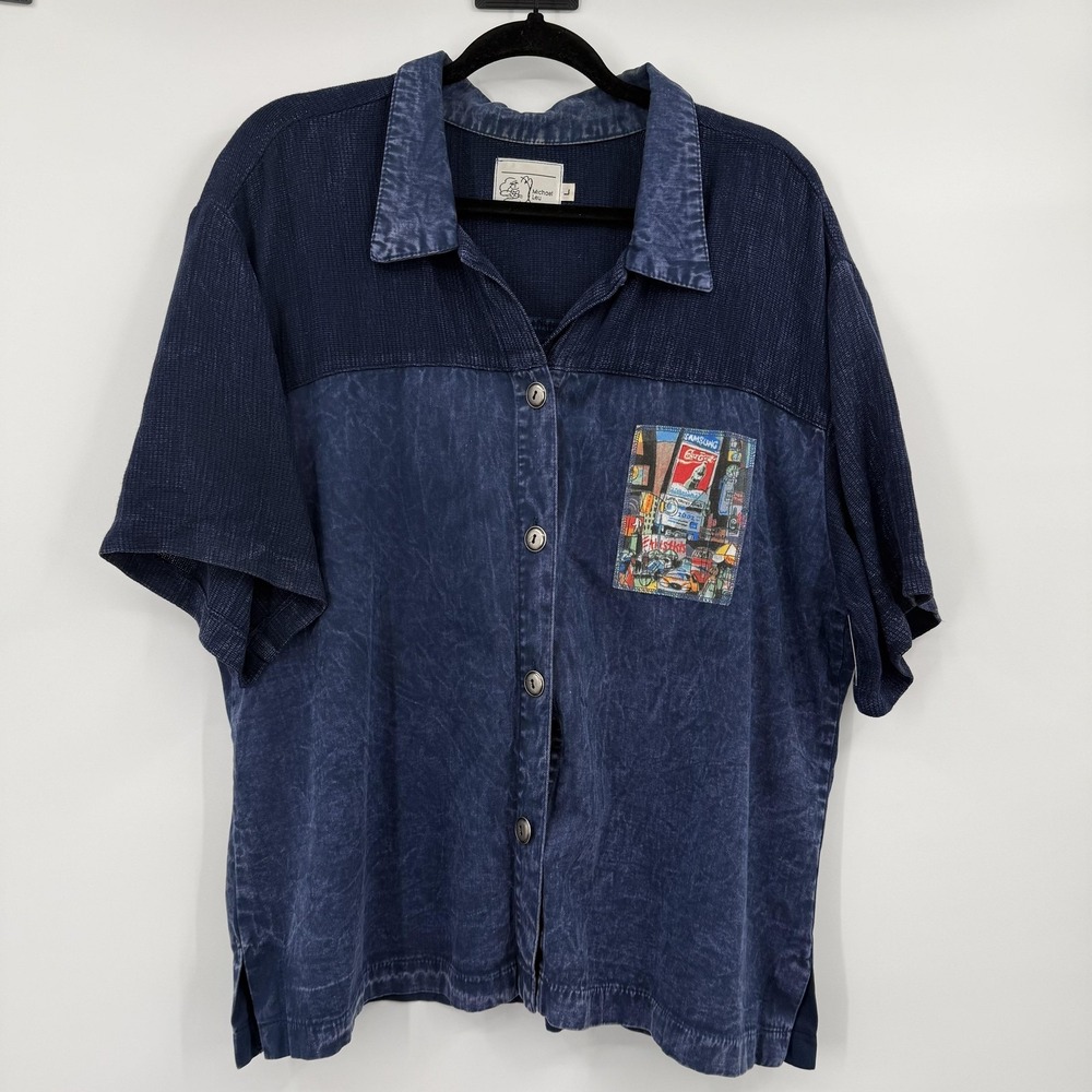 Michael Leu Shirt Womens Large Blue Denim Button-Up Short Sleeve Collared‎